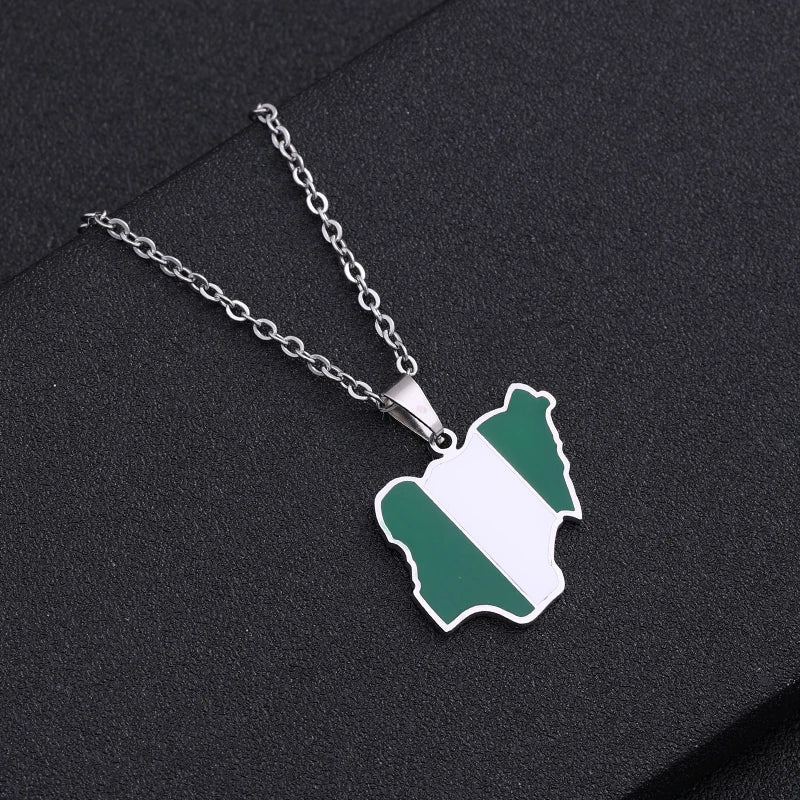 Trendy Africa Nigeria Map Flag Pendant Necklace for Men & Women – Gold & Silver Stainless Steel African Jewelry Gift