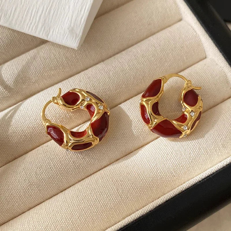 Vintage Enamel Small Hoop Earrings – Gold Plated Textured Statement Hoops for Women