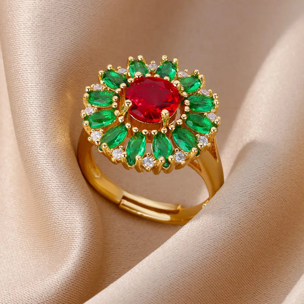 Luxury Gold-Plated Heart Ring with Colorful Zircon Stones – Adjustable Stainless Steel Cocktail Ring for Women