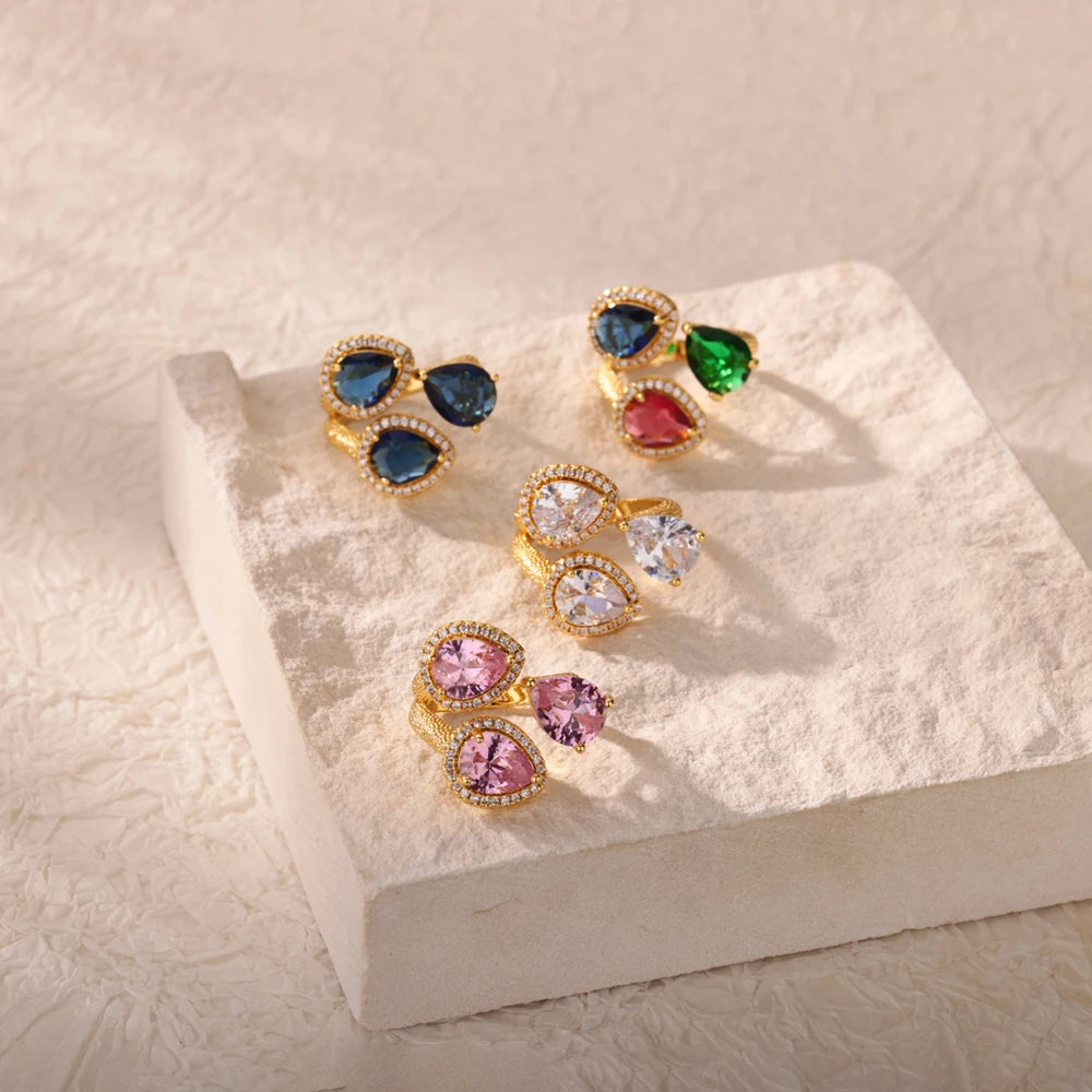 Luxury Gold-Plated Heart Ring with Colorful Zircon Stones – Adjustable Stainless Steel Cocktail Ring for Women