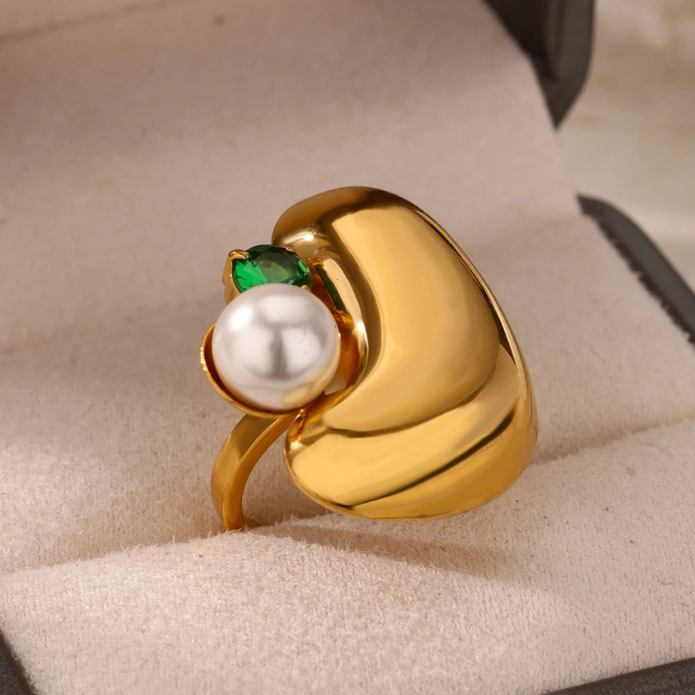 Luxury Gold-Plated Heart Ring with Colorful Zircon Stones – Adjustable Stainless Steel Cocktail Ring for Women