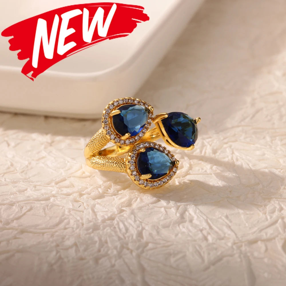 Luxury Gold-Plated Heart Ring with Colorful Zircon Stones – Adjustable Stainless Steel Cocktail Ring for Women