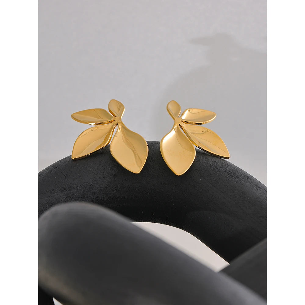 Gold Plated Stainless Steel Leaf Flower Stud Earrings – Waterproof & Hypoallergenic Jewelry for Women