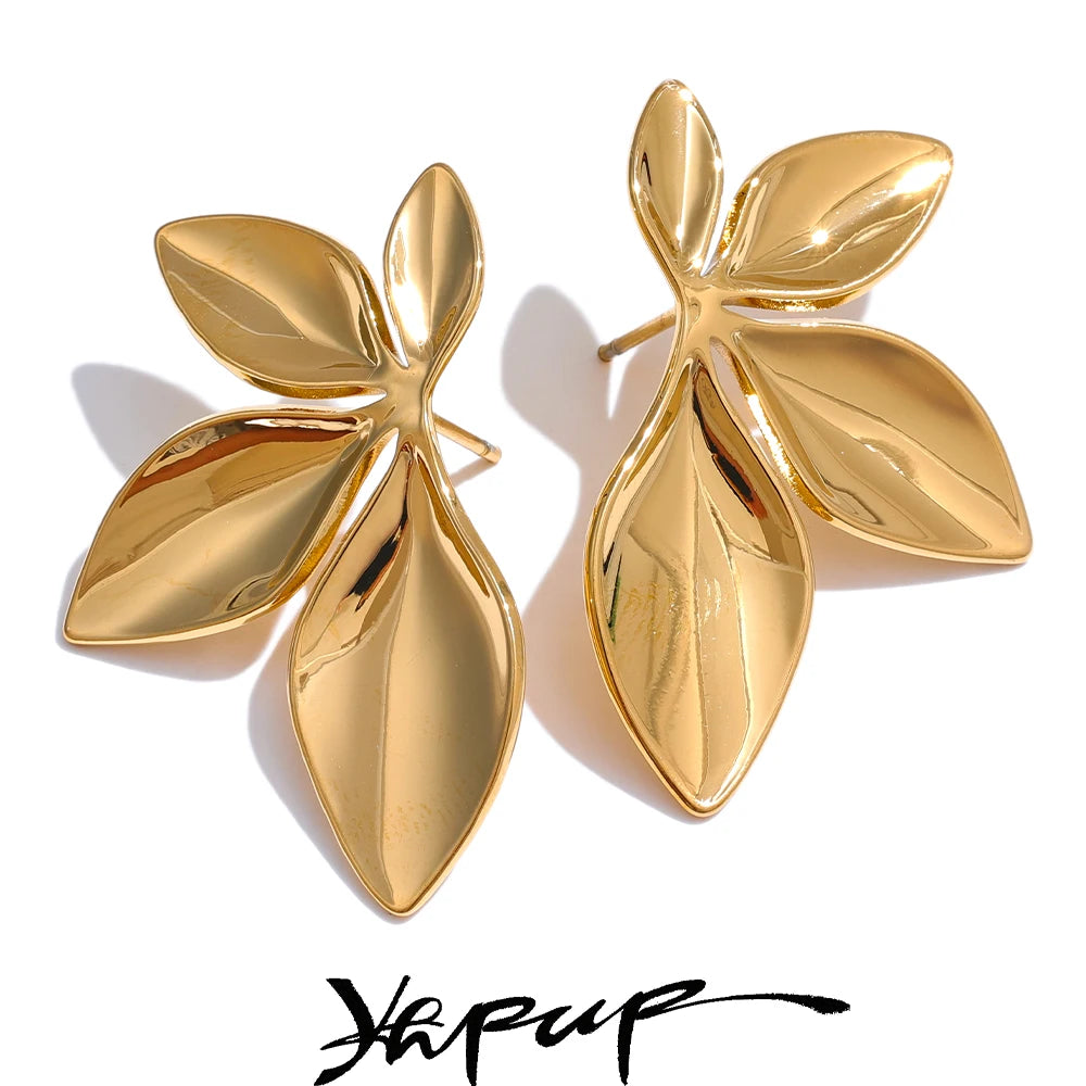 Gold Plated Stainless Steel Leaf Flower Stud Earrings – Waterproof & Hypoallergenic Jewelry for Women