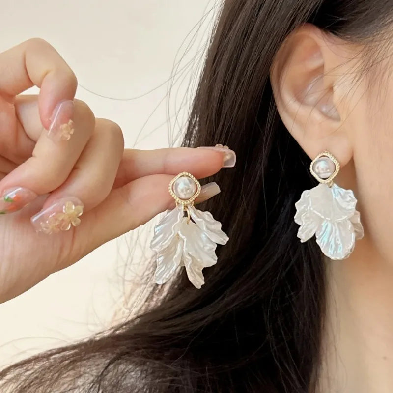 Pearl Petal Ball Drop Earrings – Long Geometric Flower Earrings for Women
