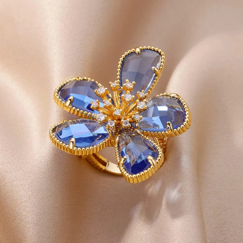 Luxury Gold-Plated Heart Ring with Colorful Zircon Stones – Adjustable Stainless Steel Cocktail Ring for Women