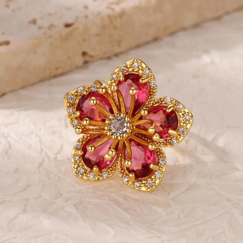 Luxury Gold-Plated Heart Ring with Colorful Zircon Stones – Adjustable Stainless Steel Cocktail Ring for Women