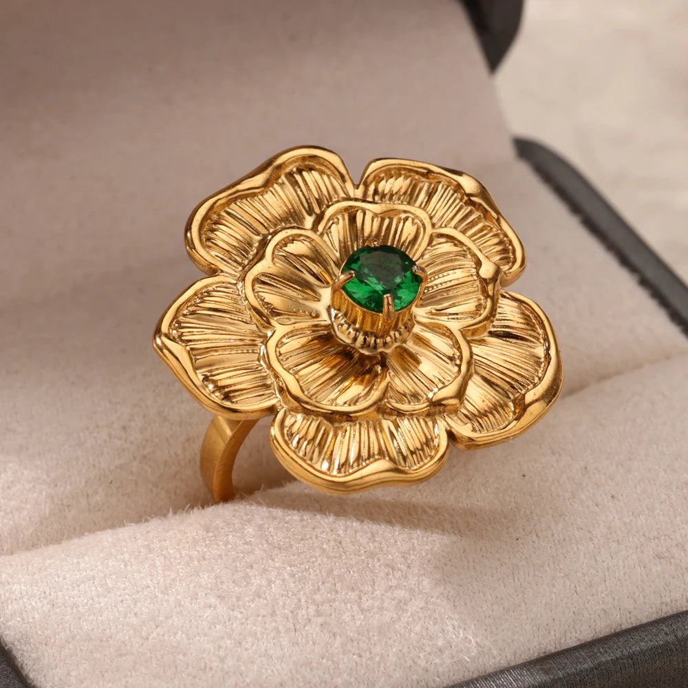 Luxury Gold-Plated Heart Ring with Colorful Zircon Stones – Adjustable Stainless Steel Cocktail Ring for Women