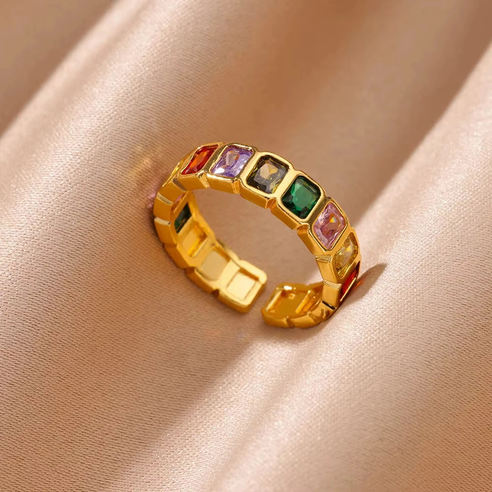 Luxury Gold-Plated Heart Ring with Colorful Zircon Stones – Adjustable Stainless Steel Cocktail Ring for Women