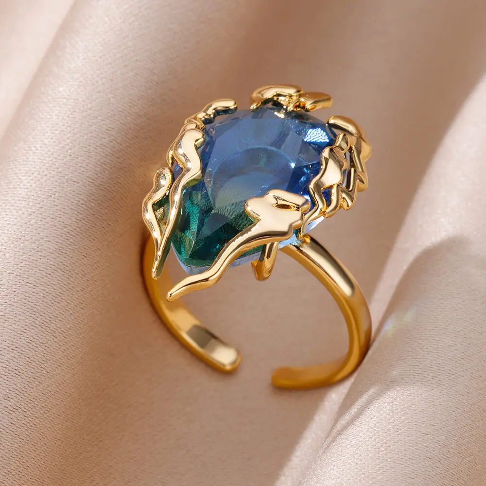 Luxury Gold-Plated Heart Ring with Colorful Zircon Stones – Adjustable Stainless Steel Cocktail Ring for Women