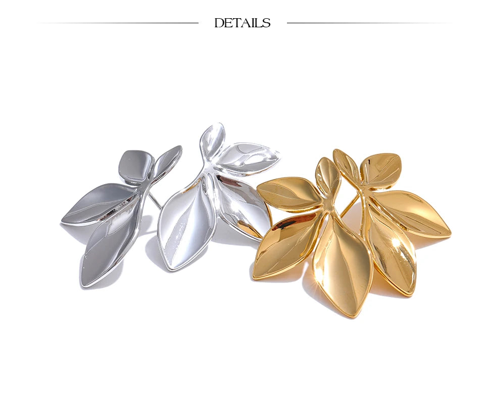 Gold Plated Stainless Steel Leaf Flower Stud Earrings – Waterproof & Hypoallergenic Jewelry for Women