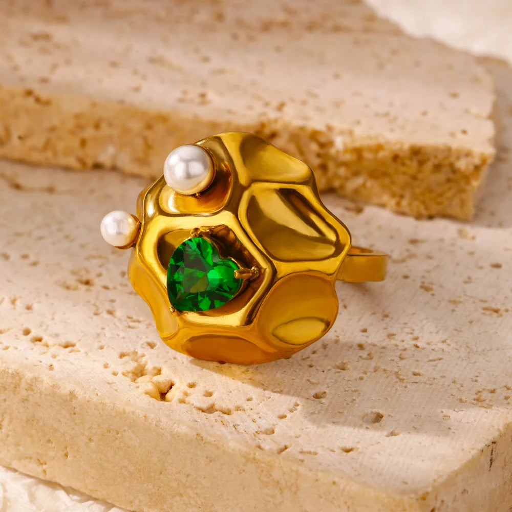 Luxury Gold-Plated Heart Ring with Colorful Zircon Stones – Adjustable Stainless Steel Cocktail Ring for Women