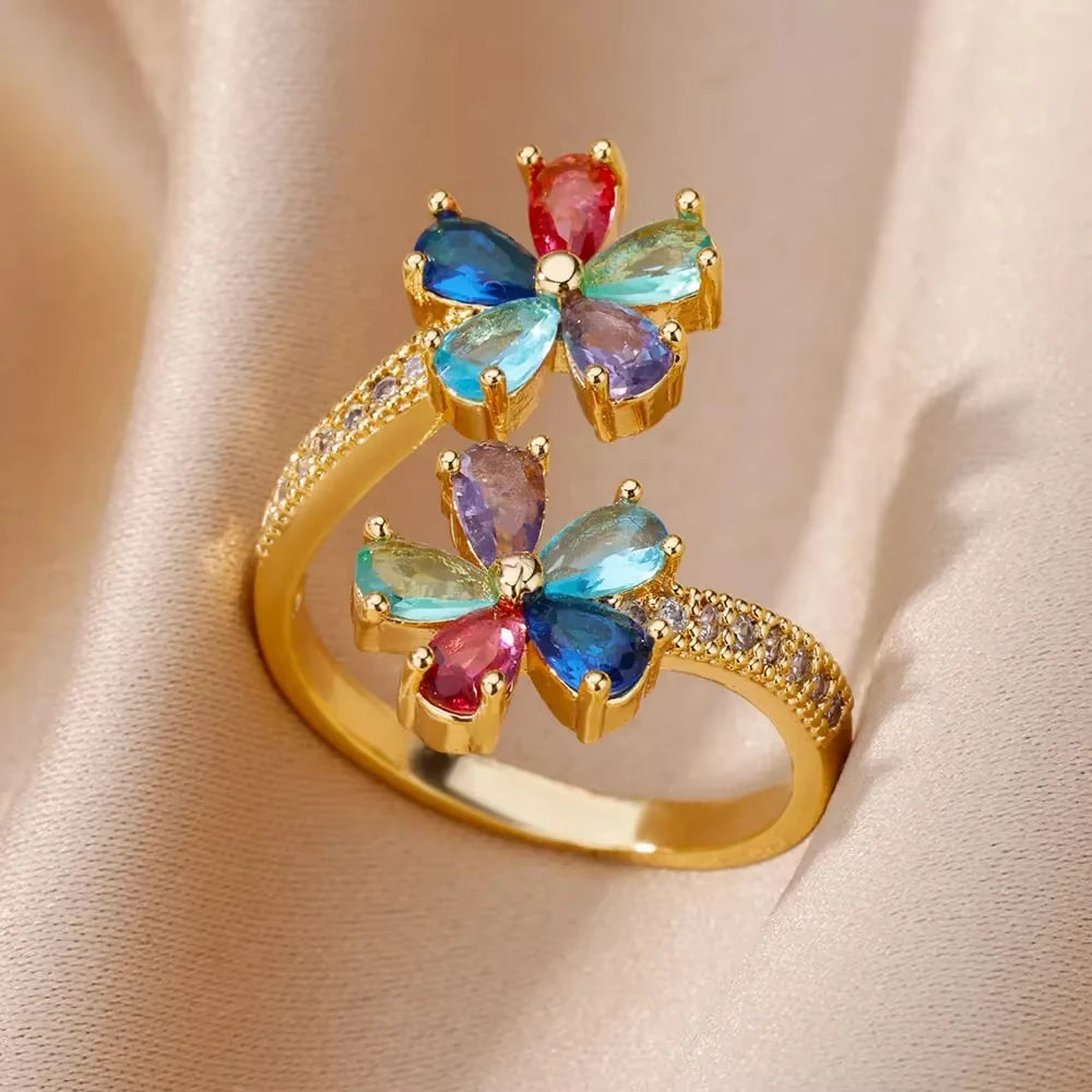 Luxury Gold-Plated Heart Ring with Colorful Zircon Stones – Adjustable Stainless Steel Cocktail Ring for Women