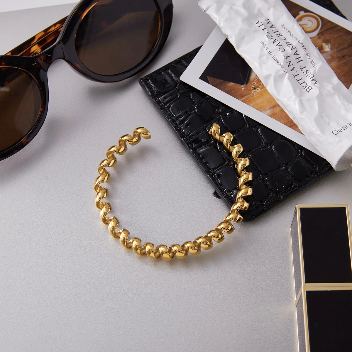 Minimalist Wire Chain Cuff Bracelet – 18K Gold Plated Stainless Steel Open Bangle for Women
