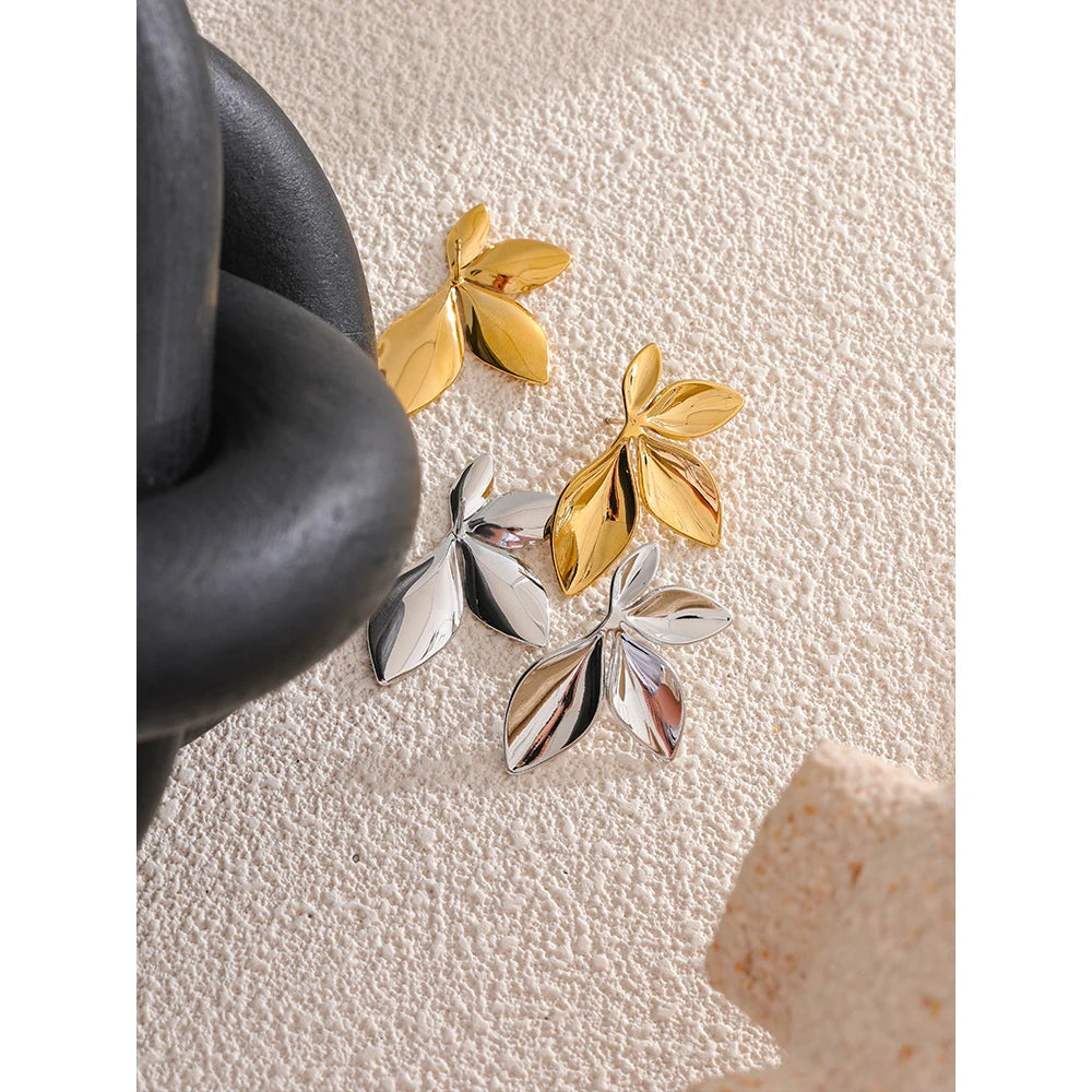 Gold Plated Stainless Steel Leaf Flower Stud Earrings – Waterproof & Hypoallergenic Jewelry for Women