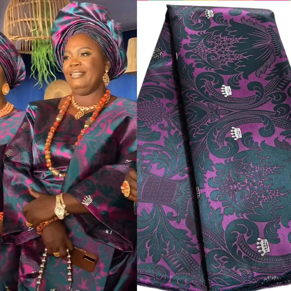 African Damask Lace Fabric (2.5 or 5 Yards) – Thick Jacquard Brocade for Aso Oke, Headwrap & Bridal Dresses