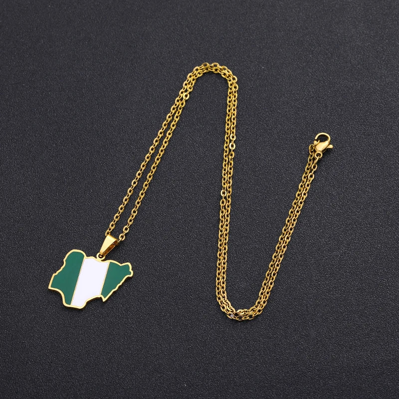 Collier pendentif tendance carte du Nigeria et d'Afrique pour hommes et femmes – Bijou africain en acier inoxydable doré et argenté
