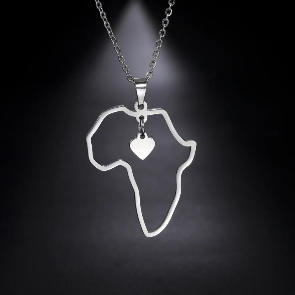Collar con colgante de mapa africano de moda para mujer – Collar geométrico de acero inoxidable con la bandera de África, color oro, oro rosa o acero