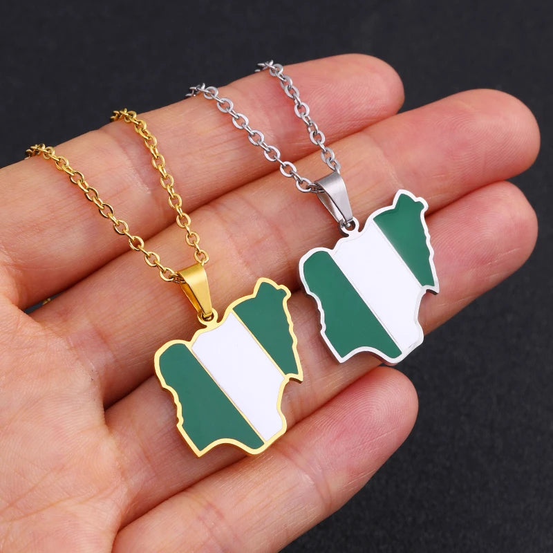 Collier pendentif tendance carte du Nigeria et d'Afrique pour hommes et femmes – Bijou africain en acier inoxydable doré et argenté