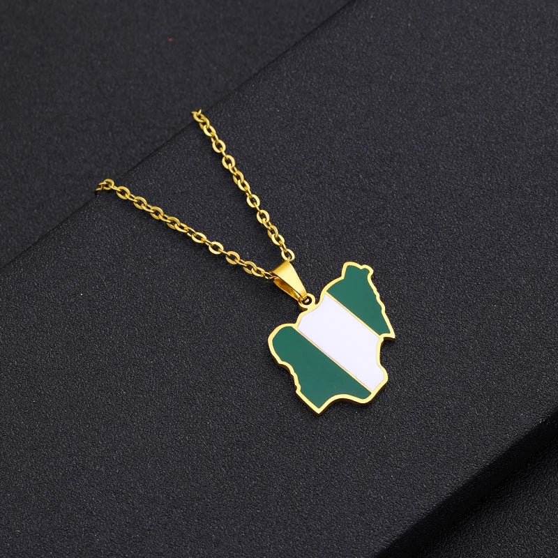 Collier pendentif tendance carte du Nigeria et d'Afrique pour hommes et femmes – Bijou africain en acier inoxydable doré et argenté