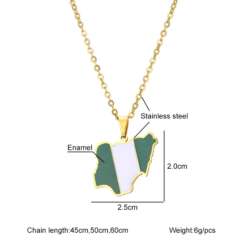 Trendy Africa Nigeria Map Flag Pendant Necklace for Men & Women – Gold & Silver Stainless Steel African Jewelry Gift