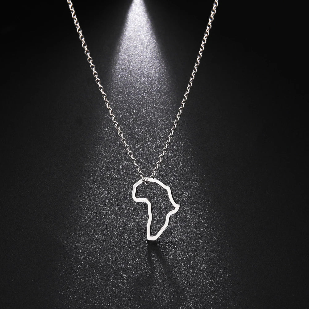 Collar con colgante de mapa africano de moda para mujer – Collar geométrico de acero inoxidable con la bandera de África, color oro, oro rosa o acero