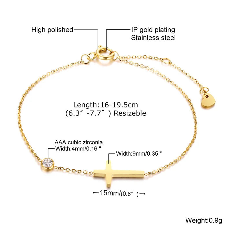 Minimalist Cross, Crescent Moon & Star Charm Bracelet for Women – Stainless Steel Thin Chain Adjustable Gold Layered Bracelet
