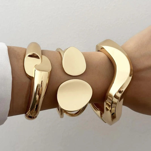 Vintage Chunky Irregular Cuff Bracelet – Gold & Silver Plated Smooth Metal Bangle for Women & Men