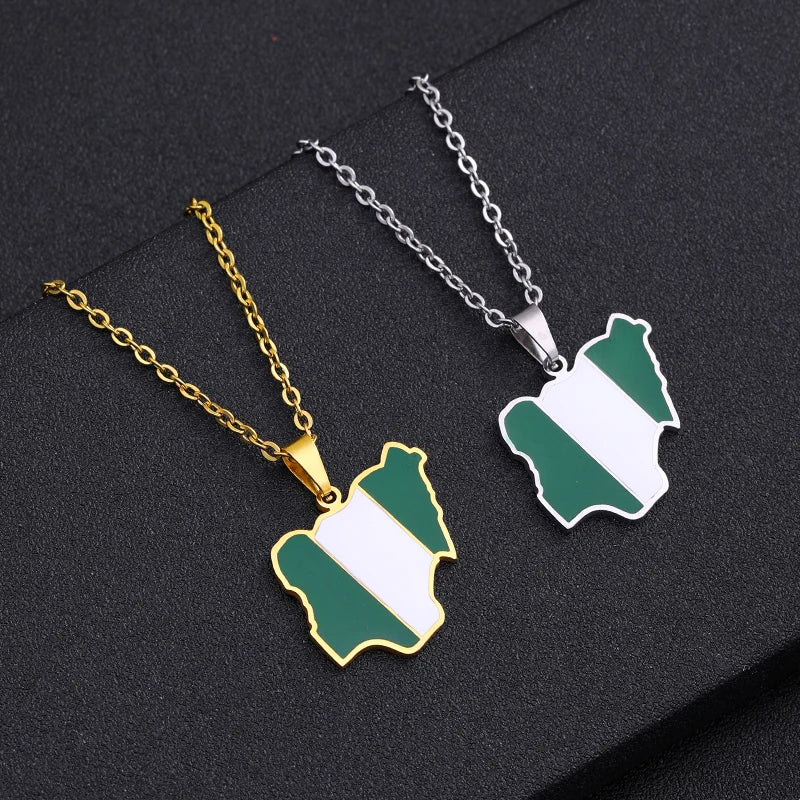 Collier pendentif tendance carte du Nigeria et d'Afrique pour hommes et femmes – Bijou africain en acier inoxydable doré et argenté