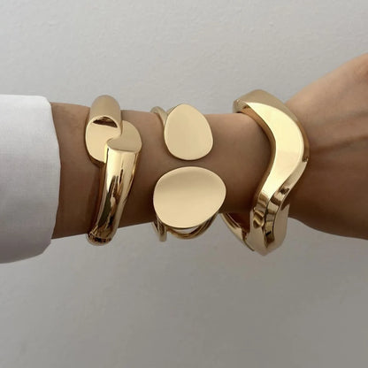 Vintage Chunky Irregular Cuff Bracelet – Gold & Silver Plated Smooth Metal Bangle for Women & Men