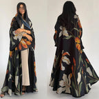 Abaya Elariah Femme Ouverte à Imprimé Floral avec Voile Assorti – Cardigan Maxi Modeste Kaftan, Polyester Noir