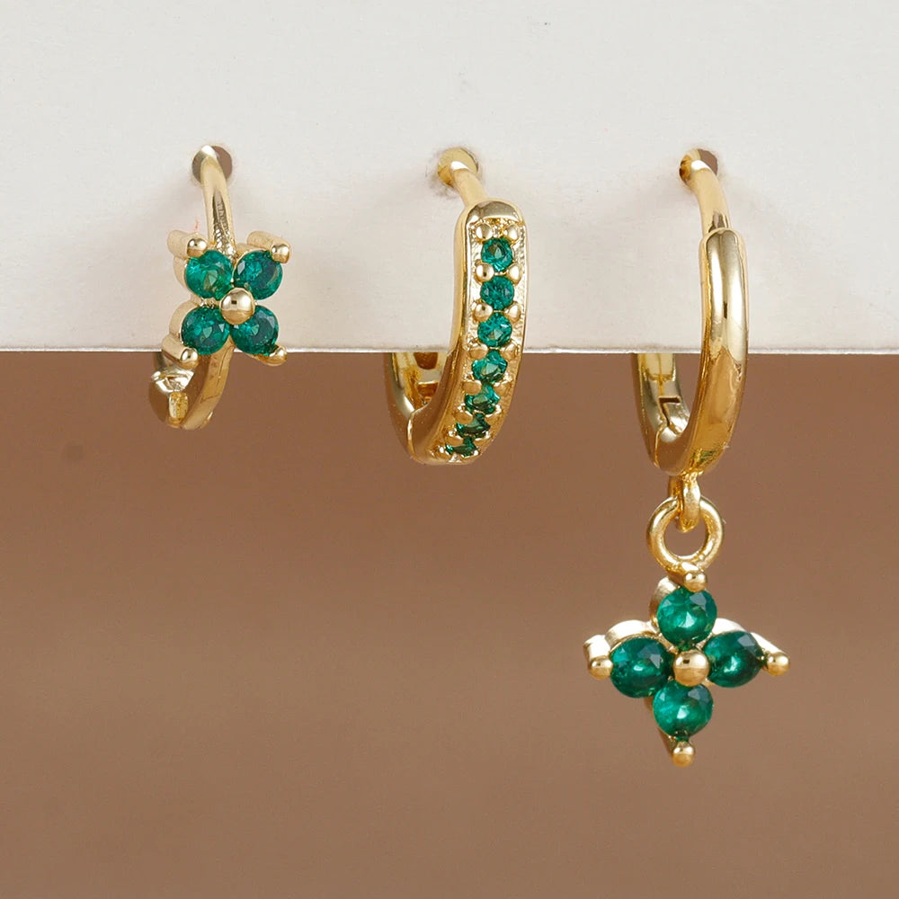 Ensemble de 3 boucles d'oreilles pendantes en acier inoxydable avec zircon cubique – Boucles d'oreilles florales hypoallergéniques pour femmes