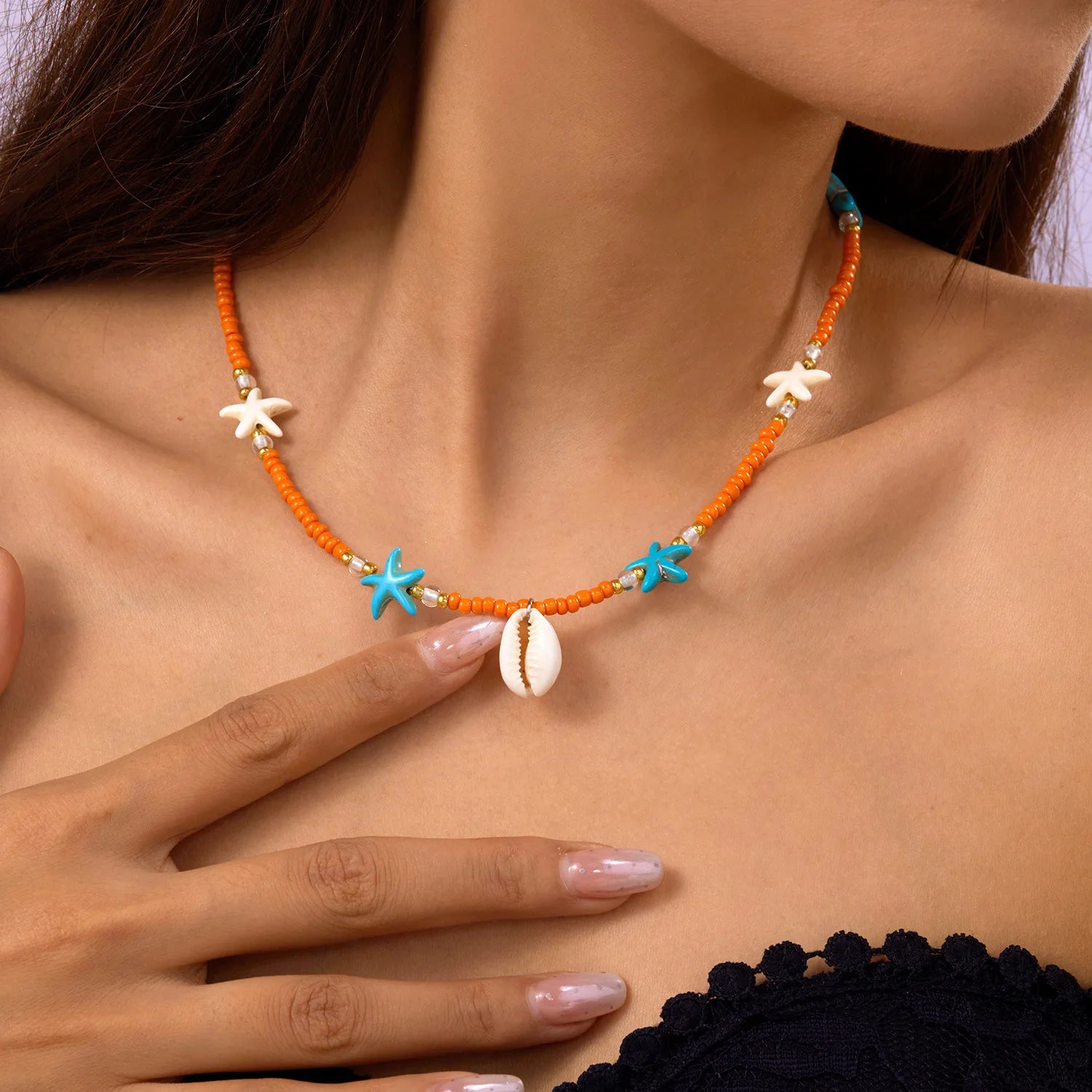 Collier coquillage bohème pour femme – Pendentif coquillage et étoile de mer