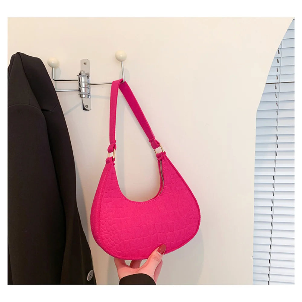 Bolso retro para mujer, tipo axila, de fieltro, de color liso, para hombro, informal, tipo bola de masa, sencillo, a la moda