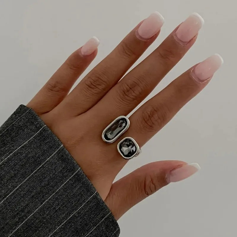 Bague ouverte minimaliste en strass pour femme – Bague géométrique tendance plaquée or ajustable