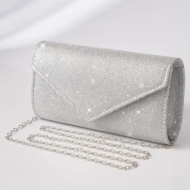 Elariah Shimmer Envelope Clutch Bag – Silver Glitter Evening Handbag with Chain Strap for Weddings & Party Wear