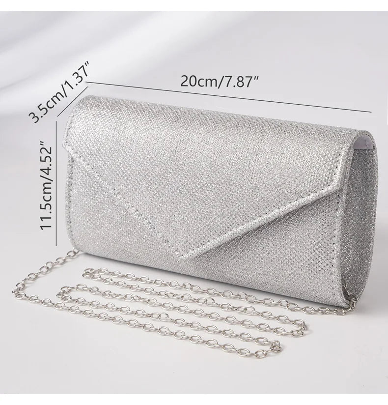 Elariah Shimmer Envelope Clutch Bag – Silver Glitter Evening Handbag with Chain Strap for Weddings & Party Wear