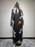 Abaya Elariah Femme Ouverte à Imprimé Floral avec Voile Assorti – Cardigan Maxi Modeste Kaftan, Polyester Noir
