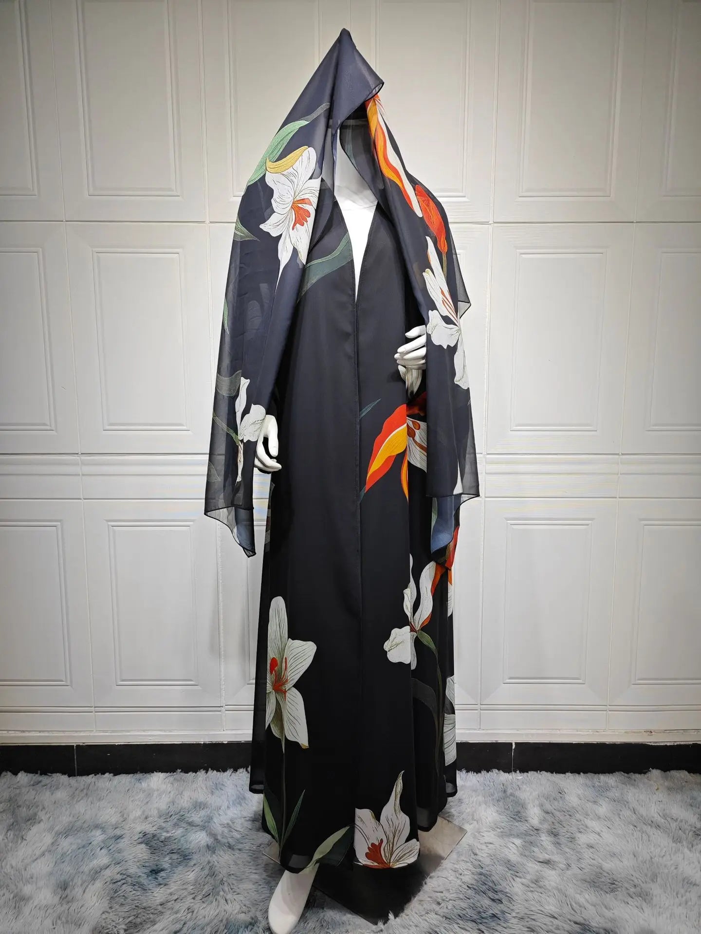 Abaya Elariah Femme Ouverte à Imprimé Floral avec Voile Assorti – Cardigan Maxi Modeste Kaftan, Polyester Noir
