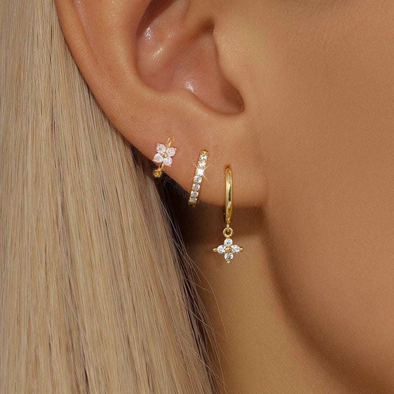 Ensemble de 3 boucles d'oreilles pendantes en acier inoxydable avec zircon cubique – Boucles d'oreilles florales hypoallergéniques pour femmes