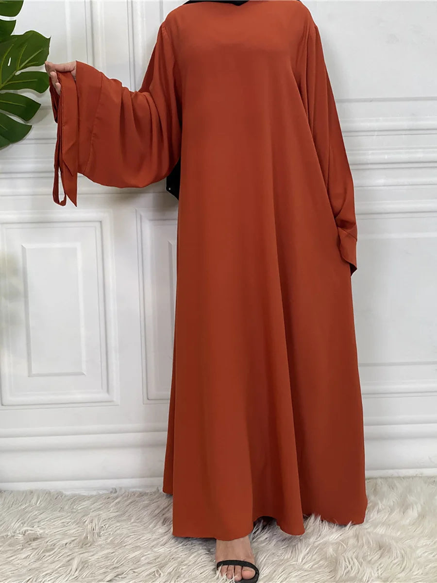 Elegant Modest Maxi Dress with Waist Tie – Long Sleeve Woven Abaya Style Dress for Women (All Season)