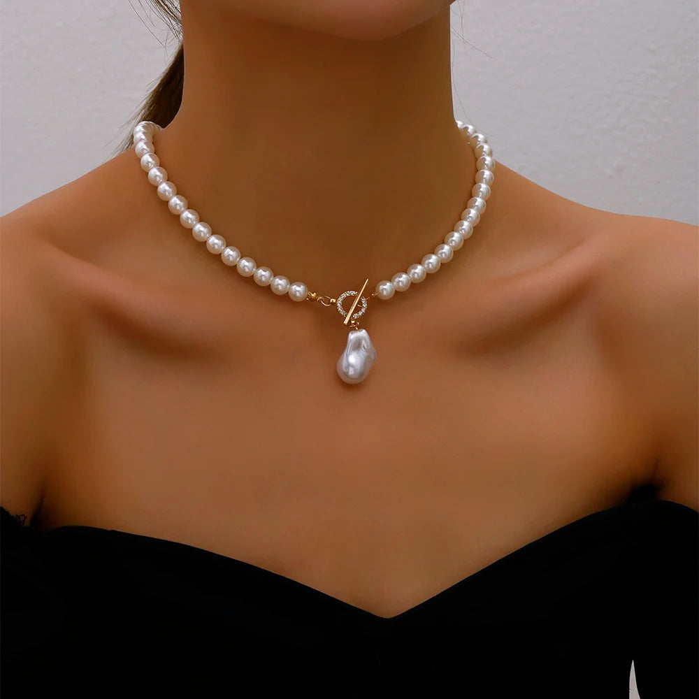 Elegant Big Pearl Crystal Pendant Choker Necklace – Romantic Wedding Jewelry for Women