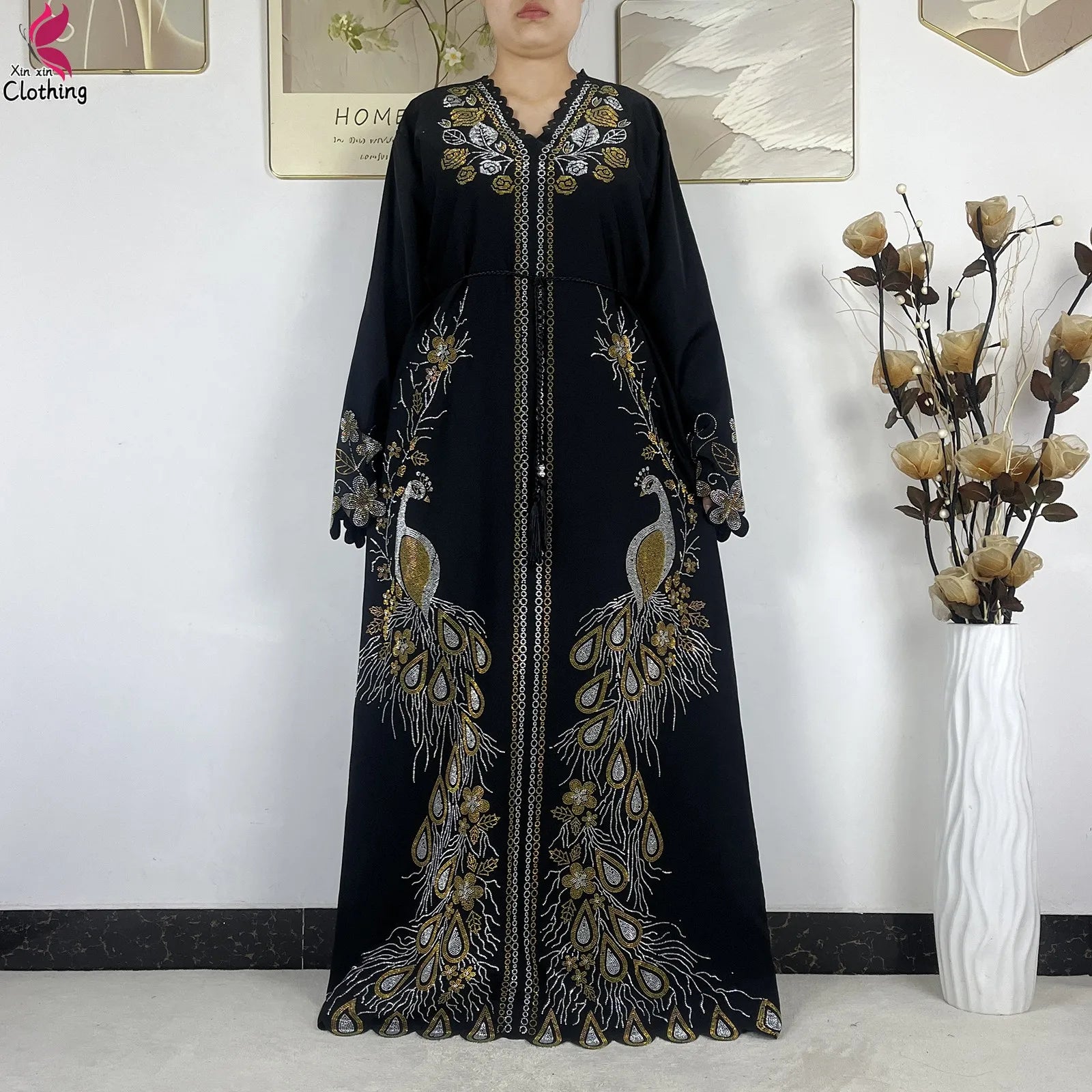 Elariah Diamond Chiffon Modest Abaya Dress – Elegant Long Sleeve Islamic Maxi Robe
