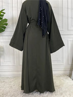 Elegant Modest Maxi Dress with Waist Tie – Long Sleeve Woven Abaya Style Dress for Women (All Season)