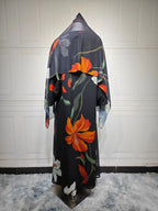 Abaya Elariah Femme Ouverte à Imprimé Floral avec Voile Assorti – Cardigan Maxi Modeste Kaftan, Polyester Noir