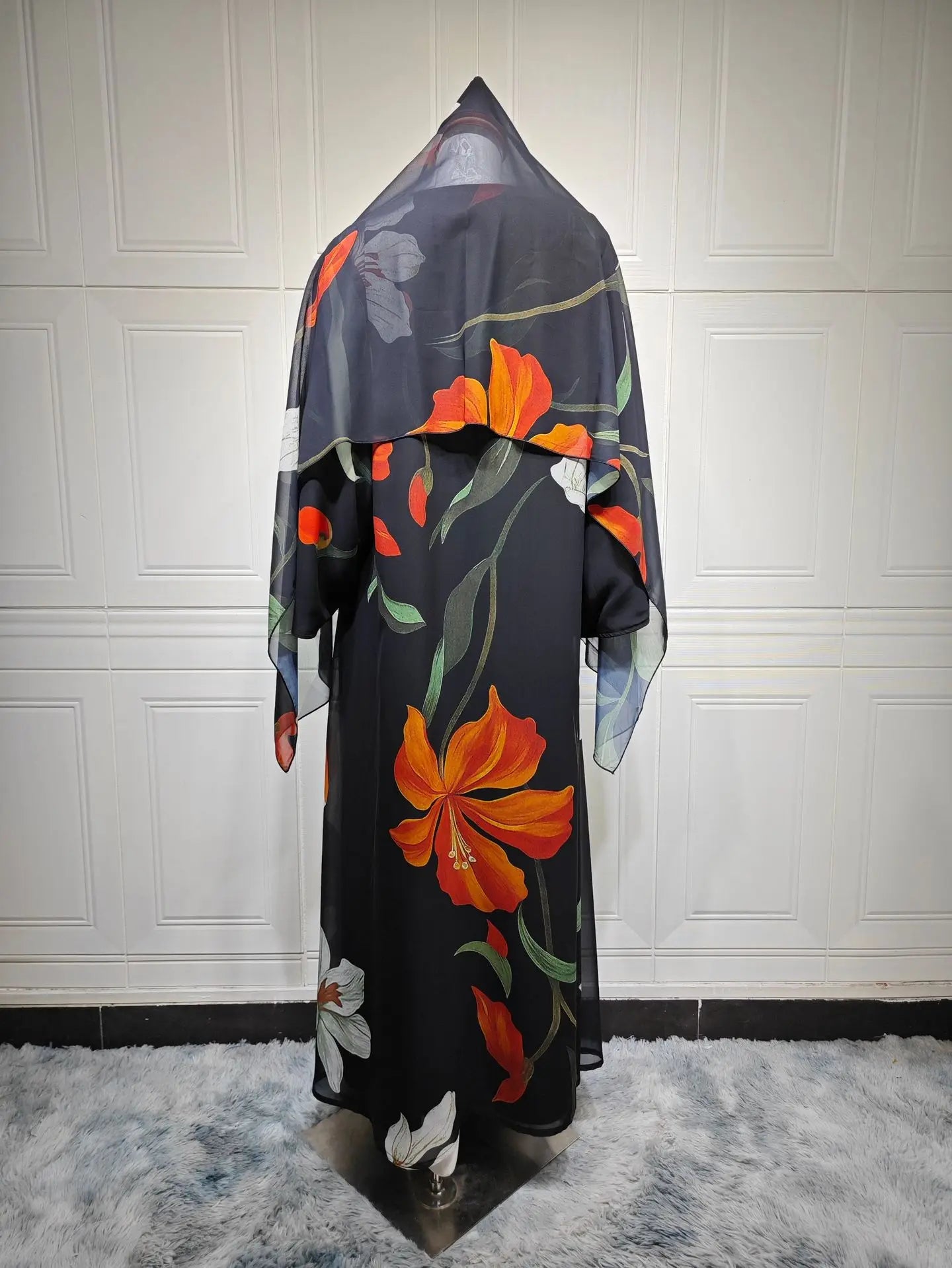 Abaya Elariah Femme Ouverte à Imprimé Floral avec Voile Assorti – Cardigan Maxi Modeste Kaftan, Polyester Noir