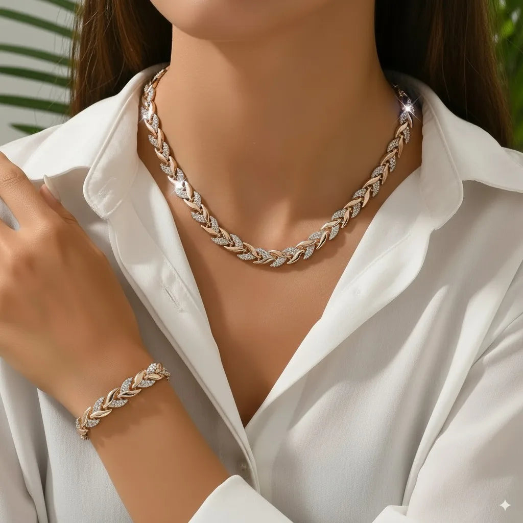 Elariah Rose Gold Plated Twisted Necklace & Bracelet Jewelry Set with Crystal Glass Accents – Elegant Party Gift for Women