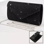 Elariah Shimmer Envelope Clutch Bag – Silver Glitter Evening Handbag with Chain Strap for Weddings & Party Wear