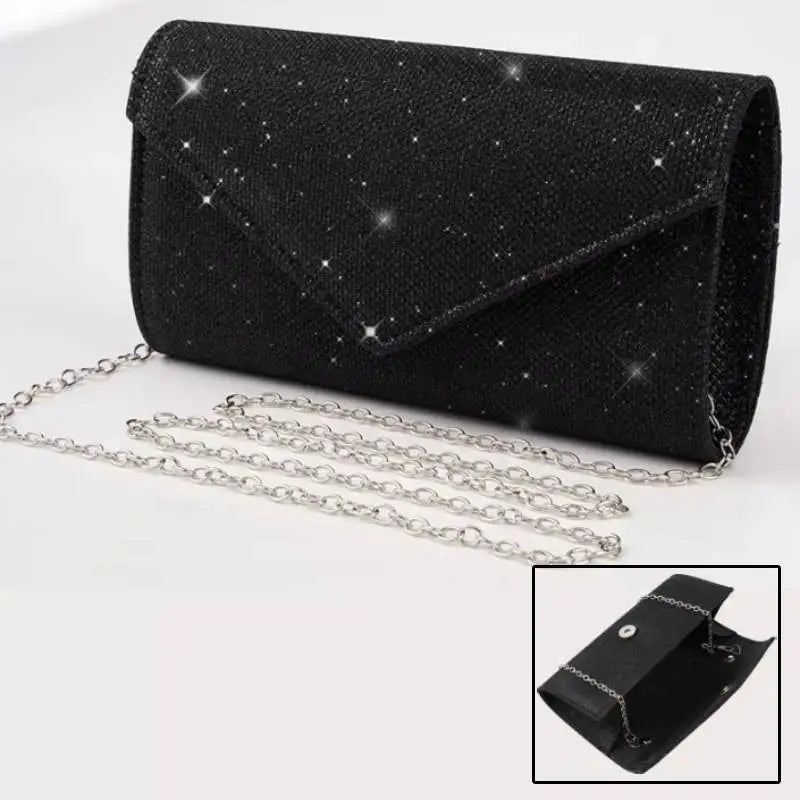 Elariah Shimmer Envelope Clutch Bag – Silver Glitter Evening Handbag with Chain Strap for Weddings & Party Wear