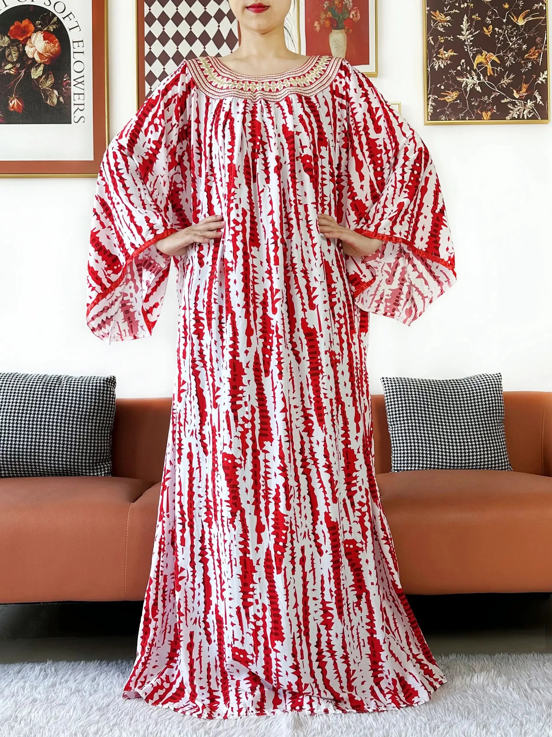 Embroidered Cotton Abaya Dress – Loose Boho Maxi Kaftan with Tassel Detail (One Size, 6 Colours)